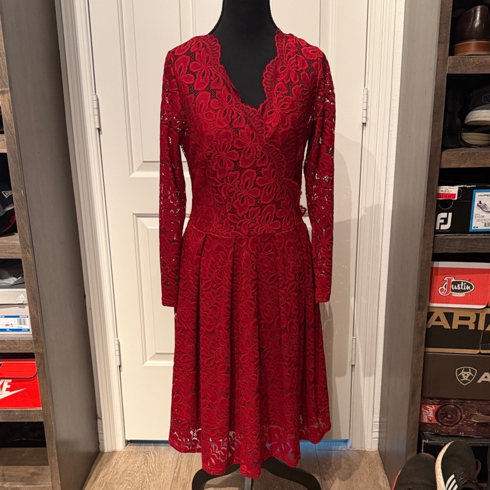 Missmay Chic Long Sleeve Red Lace Dress (HU)
